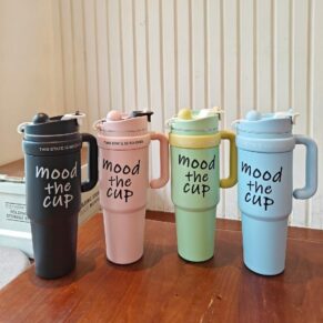 Mood The Cup Insulated Water Bottle, 900 ml, Stainless Steel Tumbler With Handle And  2 Straws
