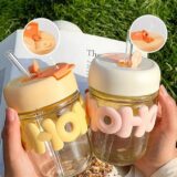 400ml Reusable Glass Coffee Mugs with Lid&Straw