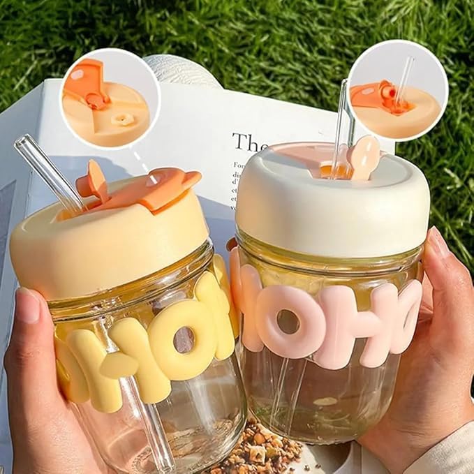 400ml Reusable Glass Coffee Mugs with Lid&Straw