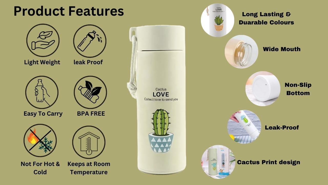 Premium Cactus Print Glass Water Bottle – 450ml - Image 6