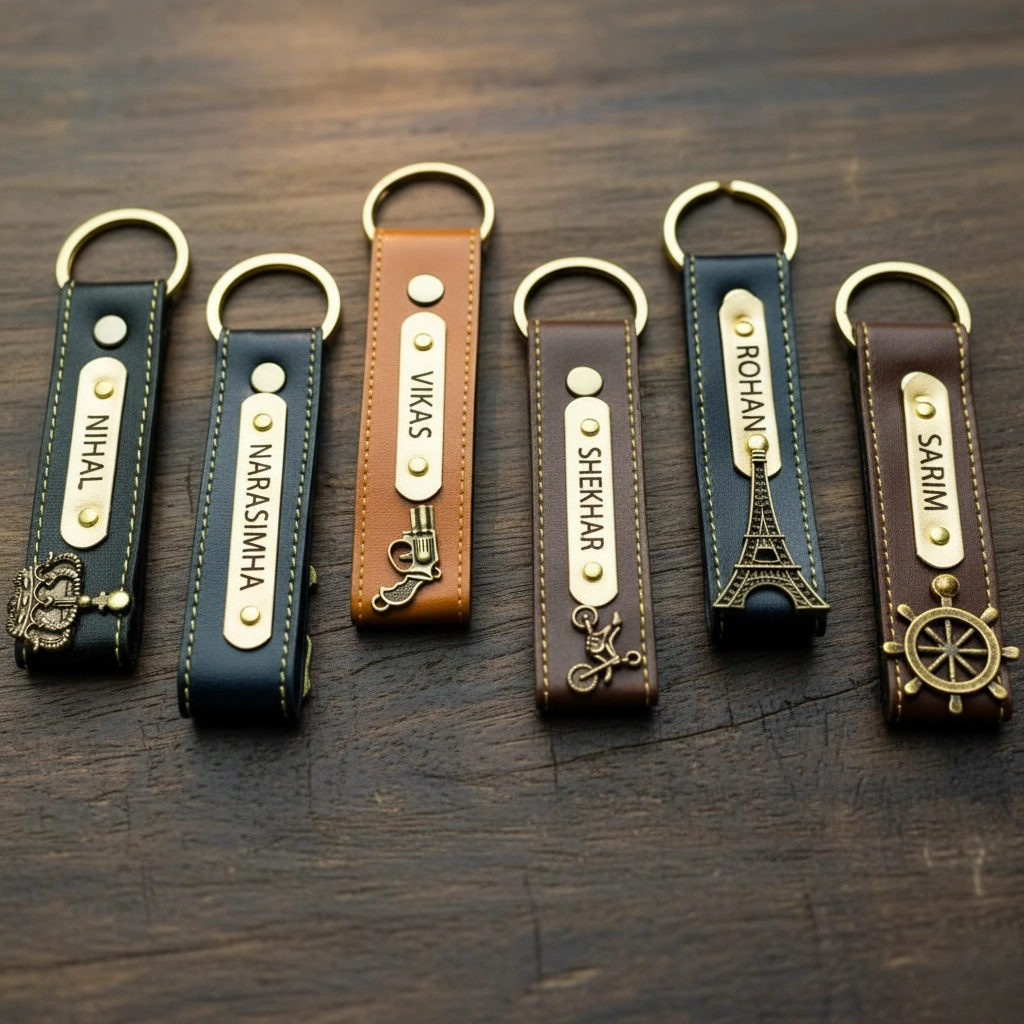Personalized PU Leather Keychain with Custom Engraved Name Plate & Durable Brass colors Premium Keyring for Men Women, Car Bike Keys, Luxury Gifting Idea for Him & Her