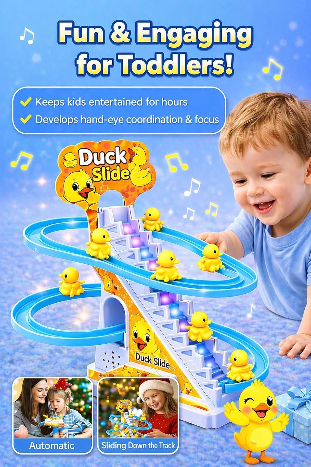 Funny Automatic Stair-Climbing Ducklings Race Track Set Roller Coaster Escalator Toy with Flashing Lights & Music - Image 3