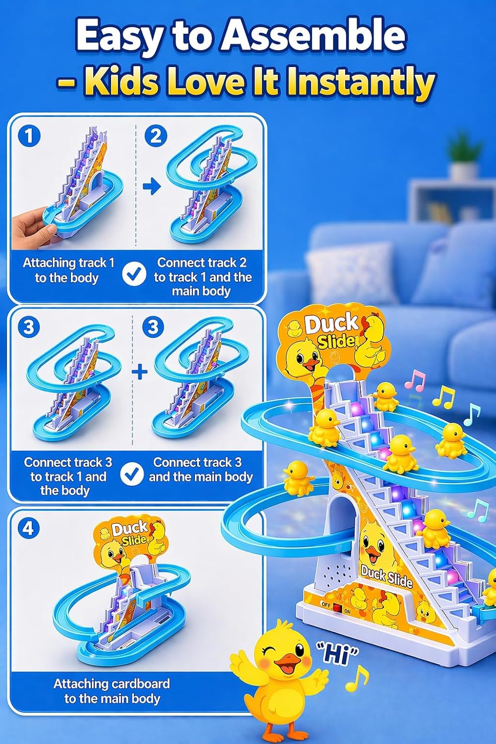 Funny Automatic Stair-Climbing Ducklings Race Track Set Roller Coaster Escalator Toy with Flashing Lights & Music - Image 2