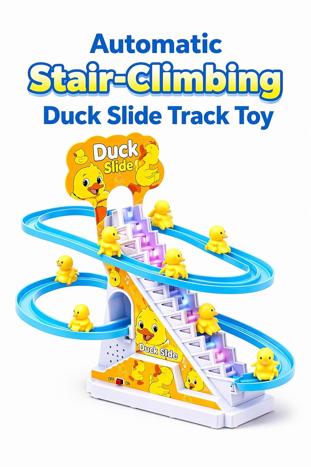 Funny Automatic Stair-Climbing Ducklings Race Track Set Roller Coaster Escalator Toy with Flashing Lights & Music