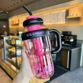 Approx 1300ML Large Capacity Cute Ice Cream Themed Water Bottle with Handle, Straw