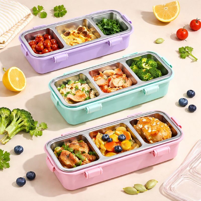3-Compartment Stainless Steel Lunch Box with Spoon & Chopsticks | Leakproof Bento Meal Container - Image 3