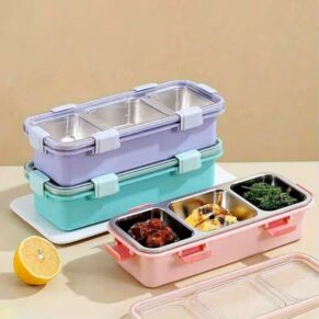 3-Compartment Stainless Steel Lunch Box with Spoon & Chopsticks | Leakproof Bento Meal Container