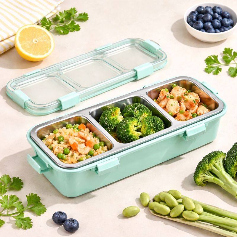 3-Compartment Stainless Steel Lunch Box with Spoon & Chopsticks | Leakproof Bento Meal Container - Image 4