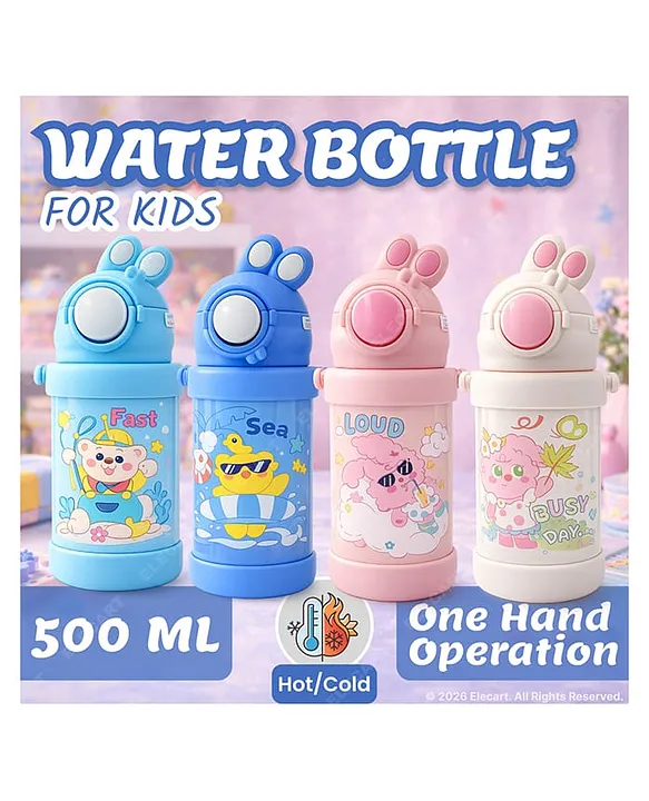 Hot & Cold Vacuum Insulated Flask with Straw Sipper | One-Click Push Button, Leakproof Flip Top | Cartoon Printed Bottle