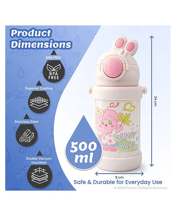 Hot & Cold Vacuum Insulated Flask with Straw Sipper | One-Click Push Button, Leakproof Flip Top | Cartoon Printed Bottle - Image 5
