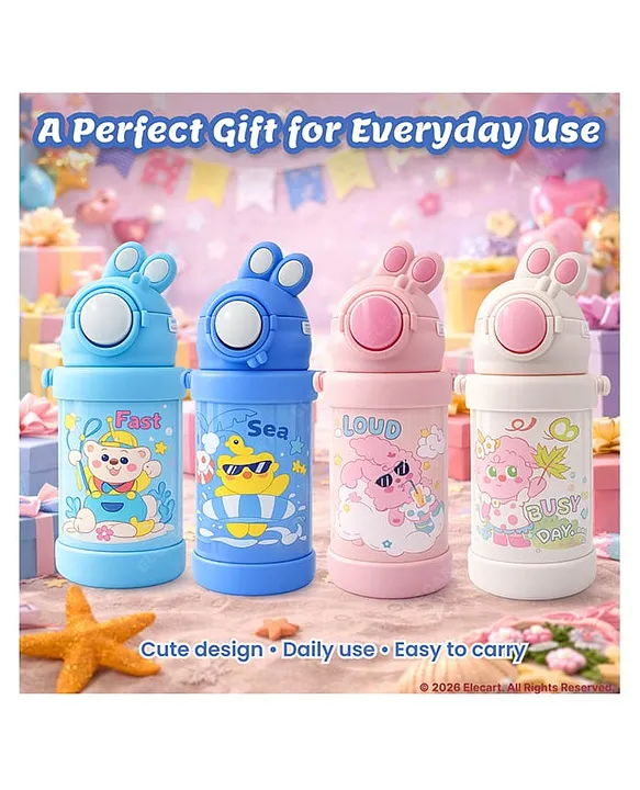 Hot & Cold Vacuum Insulated Flask with Straw Sipper | One-Click Push Button, Leakproof Flip Top | Cartoon Printed Bottle - Image 9