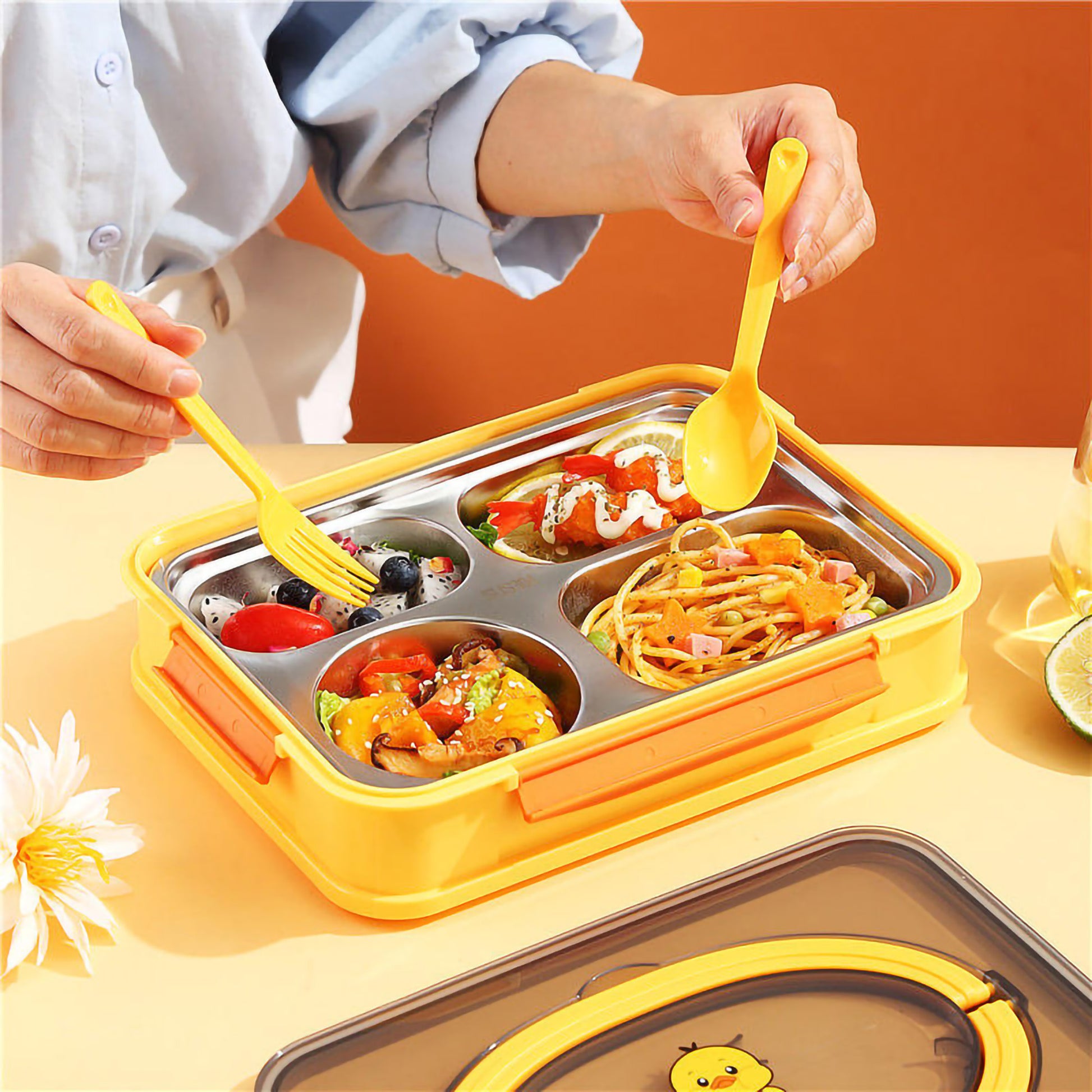 Kids 4 Grid Lunch Box with Soup Bowl & Phone Holder - 1250ml - Image 2