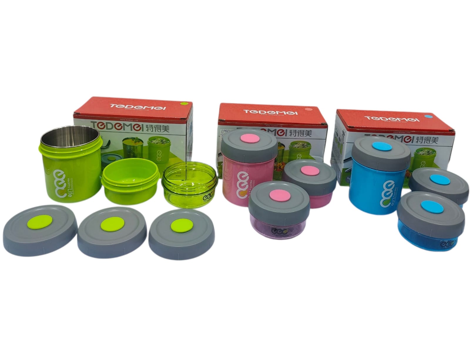 Plastic and Silicone Vacuum Seal Leak proof 3-in-1 Lunch Box (Blue, Green and Pink, 1x 460/2 x 210 ml) 3 Pieces - Image 2