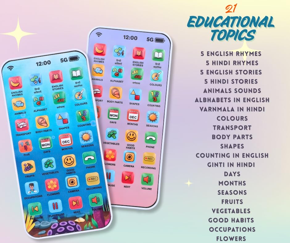 EduPhone Educational Type-C Rechargeable Musical Toy 28 Functions, Alphabet, Numbers, Varnmala, Animal Sounds, Nursery Rhymes in English & Hindi for Age 2 Years to 10 Years - Image 2