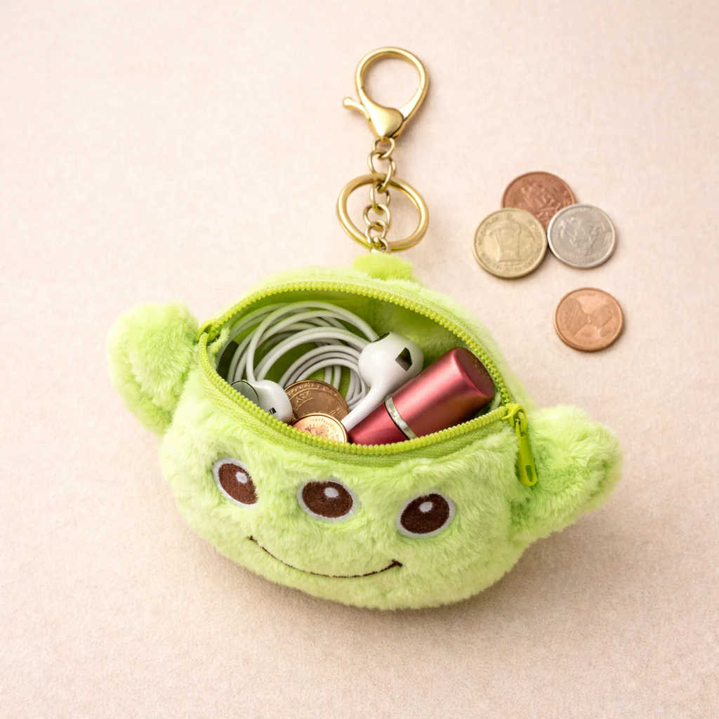 Green Alien Plush Bag Charm with Zipper Pouch - Image 2