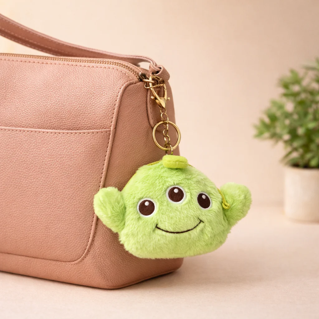 Green Alien Plush Bag Charm with Zipper Pouch - Image 5