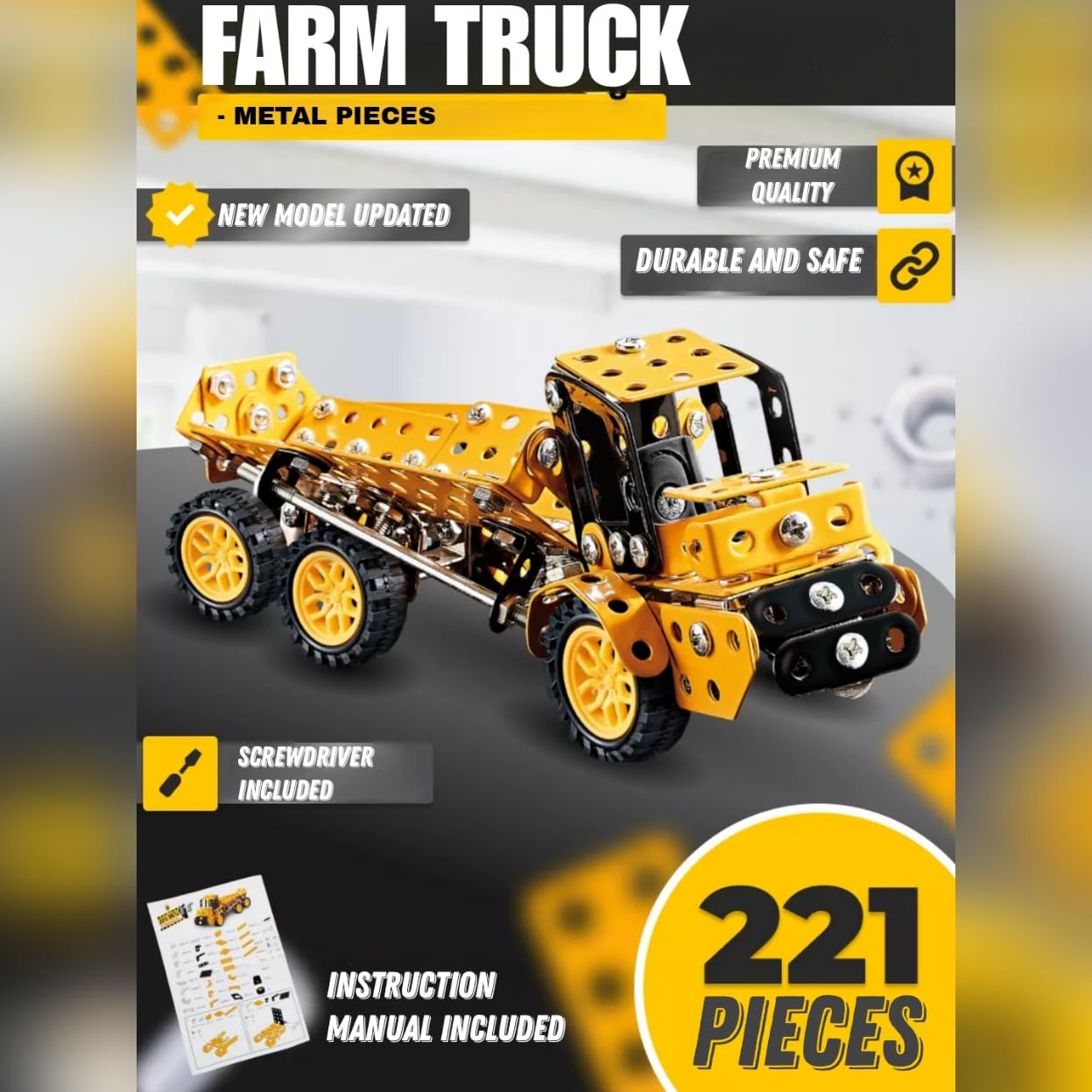 Metal DIY Car Building Blocks for Kids – Educational & Creative Mechanical Construction Kit | 6605 Farm Truck Model | 221 Metal Pieces | Ideal for Ages 8+ - Image 2