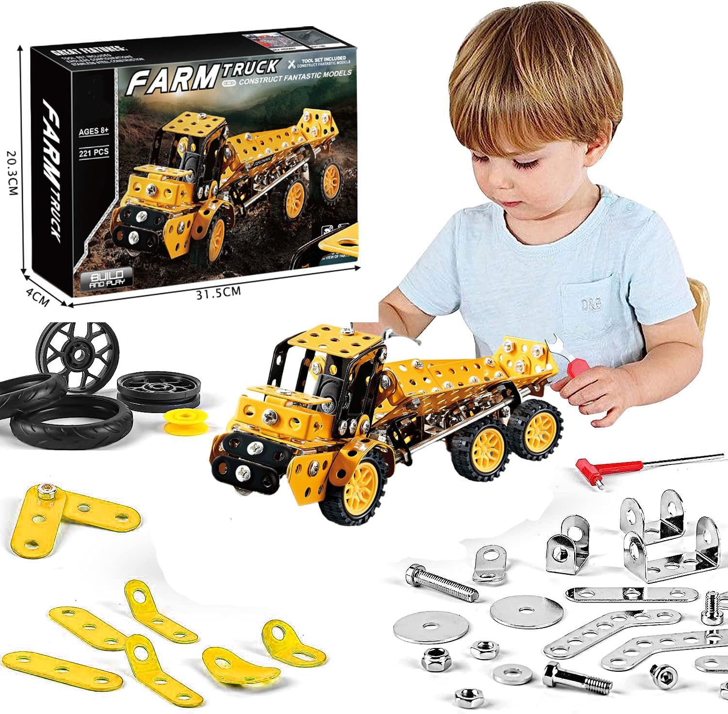 Metal DIY Car Building Blocks for Kids – Educational & Creative Mechanical Construction Kit | 6605 Farm Truck Model | 221 Metal Pieces | Ideal for Ages 8+ - Image 4