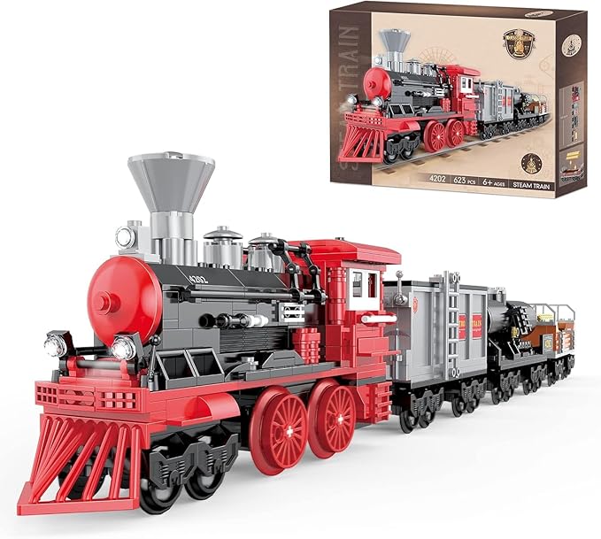 Steam Train Building Set, 623 Pieces, Classic Red and Black Locomotive with Cargo Cars - Image 2