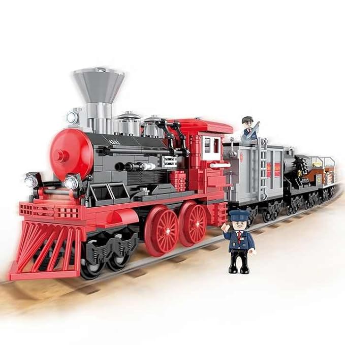 Steam Train Building Set, 623 Pieces, Classic Red and Black Locomotive with Cargo Cars