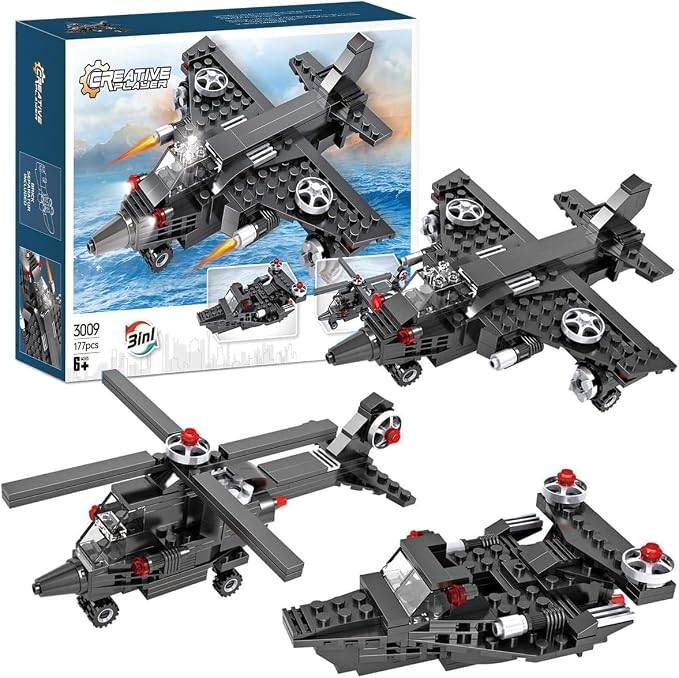 3-in-1 Creator Construction Toy Set (177 Pieces) – Jet Plane, Helicopter & Cannon Boat Building Kit