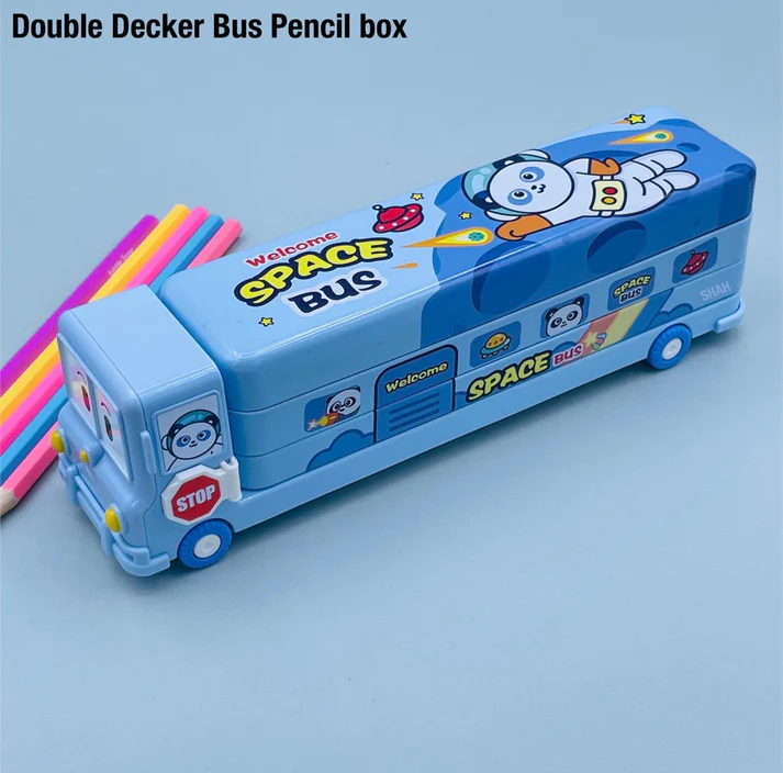 Unicorn & Space School Bus Pencil Box – Double Decker Case with Sharpener & Sliding Compartments for Kids - Image 2