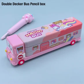 Unicorn & Space School Bus Pencil Box – Double Decker Case with Sharpener & Sliding Compartments for Kids
