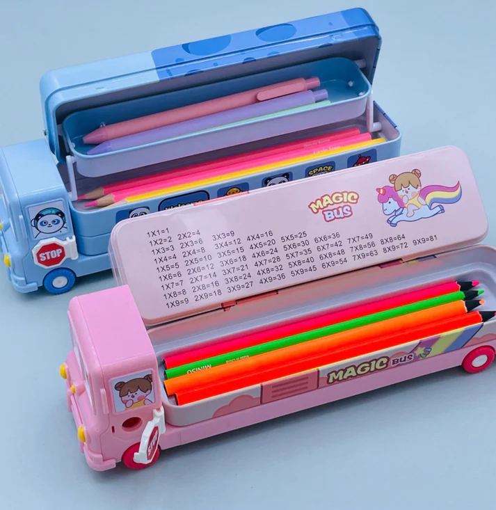 Unicorn & Space School Bus Pencil Box – Double Decker Case with Sharpener & Sliding Compartments for Kids - Image 3