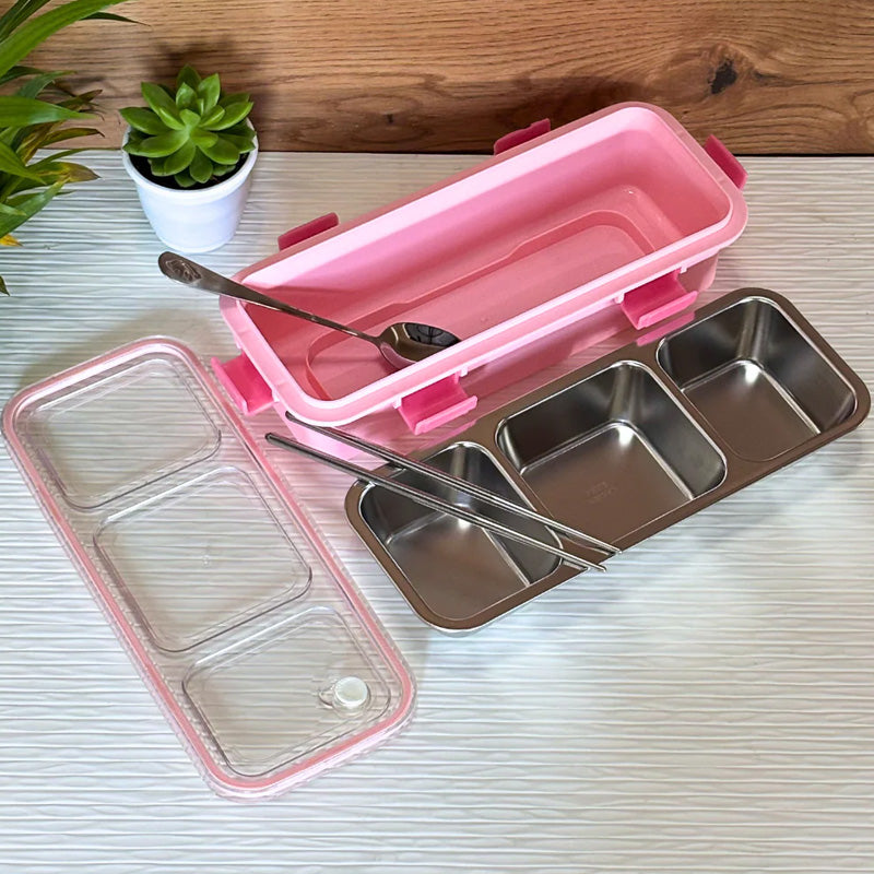 3-Compartment Stainless Steel Lunch Box with Spoon & Chopsticks | Leakproof Bento Meal Container - Image 7