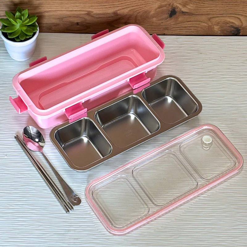 3-Compartment Stainless Steel Lunch Box with Spoon & Chopsticks | Leakproof Bento Meal Container - Image 6